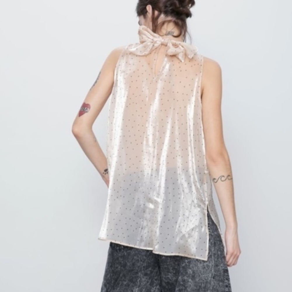 Zara Semi-Sheer Polka Dot Tie Neck Sleeveless Top Golden Beige/Black Size Small